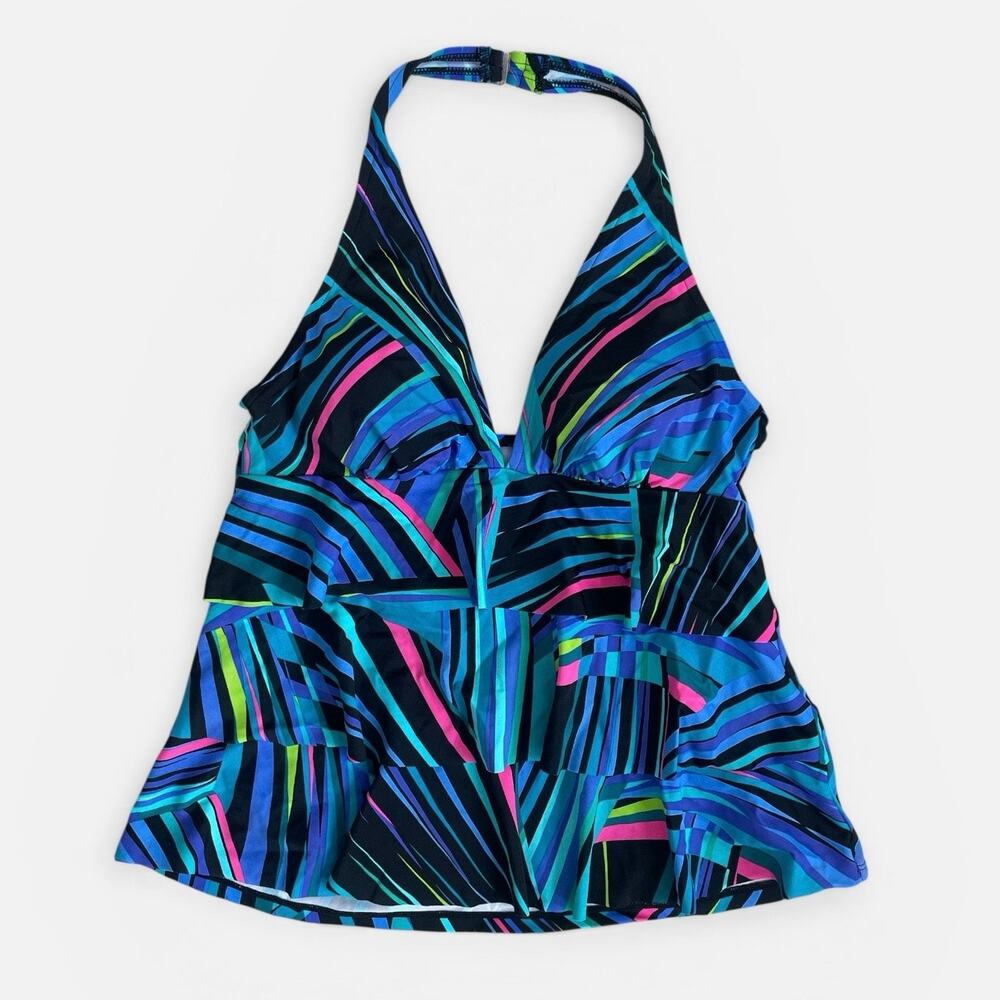 Caribbean Joe Blue Abstract Stripe Tiered Halter Neck Tankini Swim Top